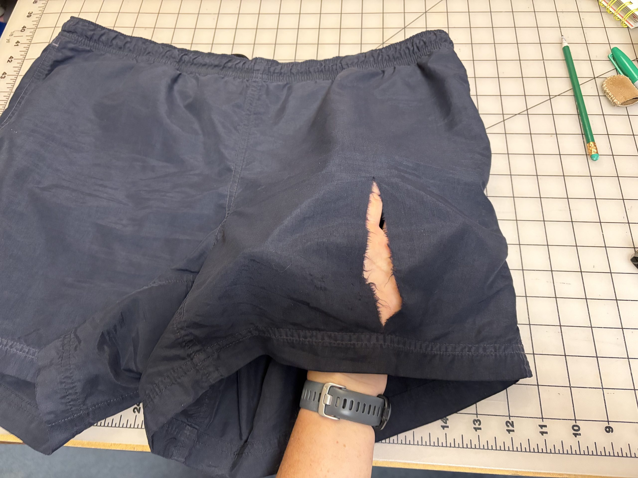 A large rip in a favorite pair of running shorts. 